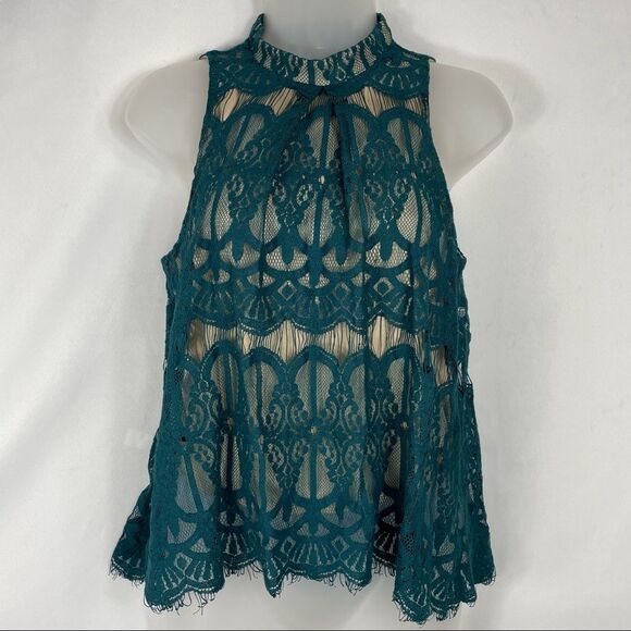 love, Fire Tops - Love Fire Teal Lace Overlay Mock Turtleneck Top Size Small